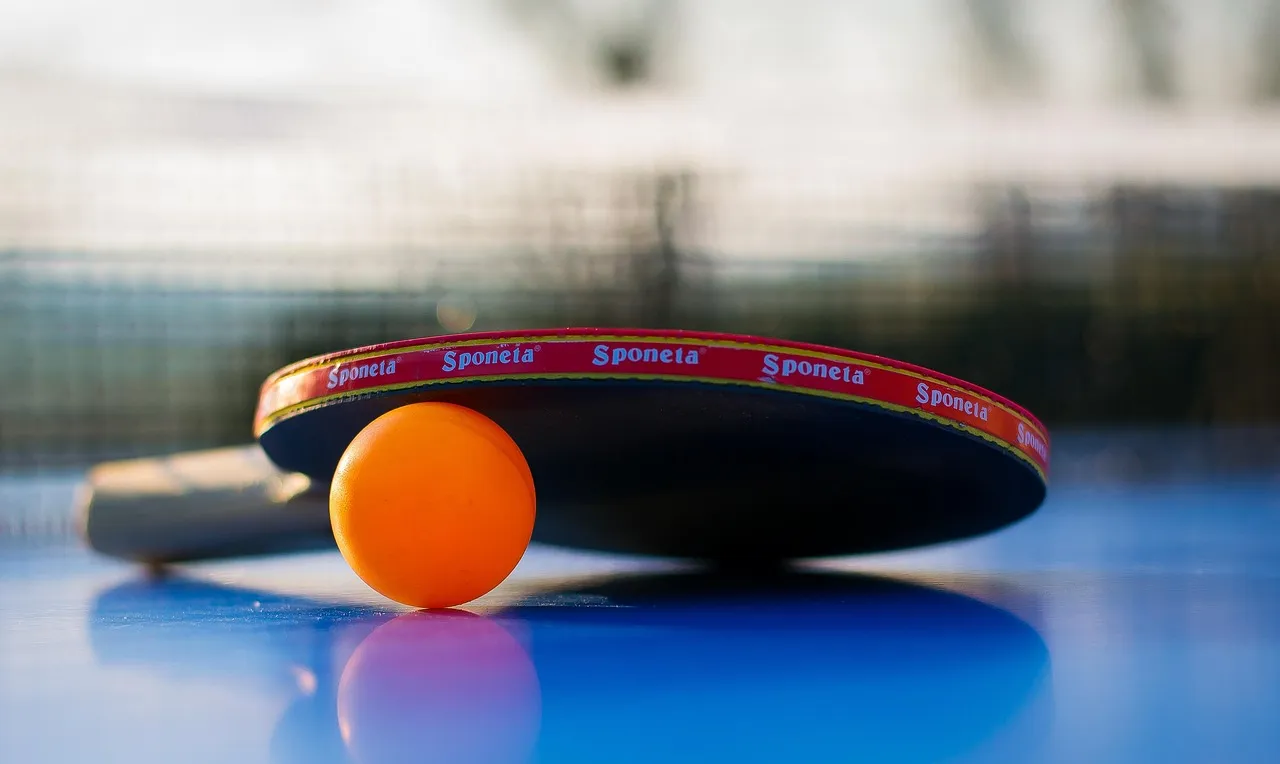 Tischtennisschläger mit orangem Ball auf einer Tischtennisplatte